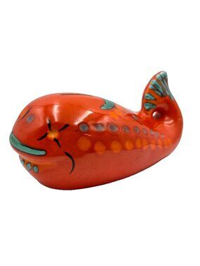 Vintage Whale Piggy Bank Orange Teal Coin Nautical Beach Read